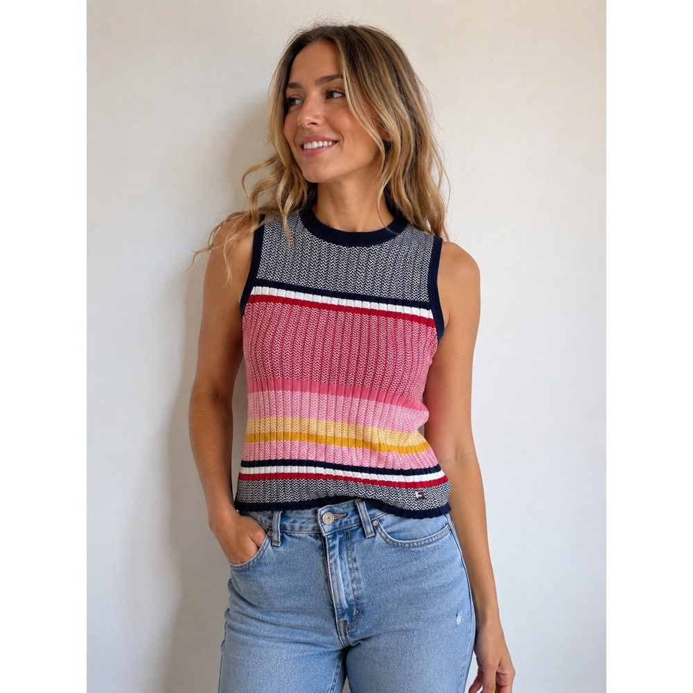 Tommy Jeans Womens XL Striped Knit Sweater Tank Y2K Sleeveless Preppy Colorblock